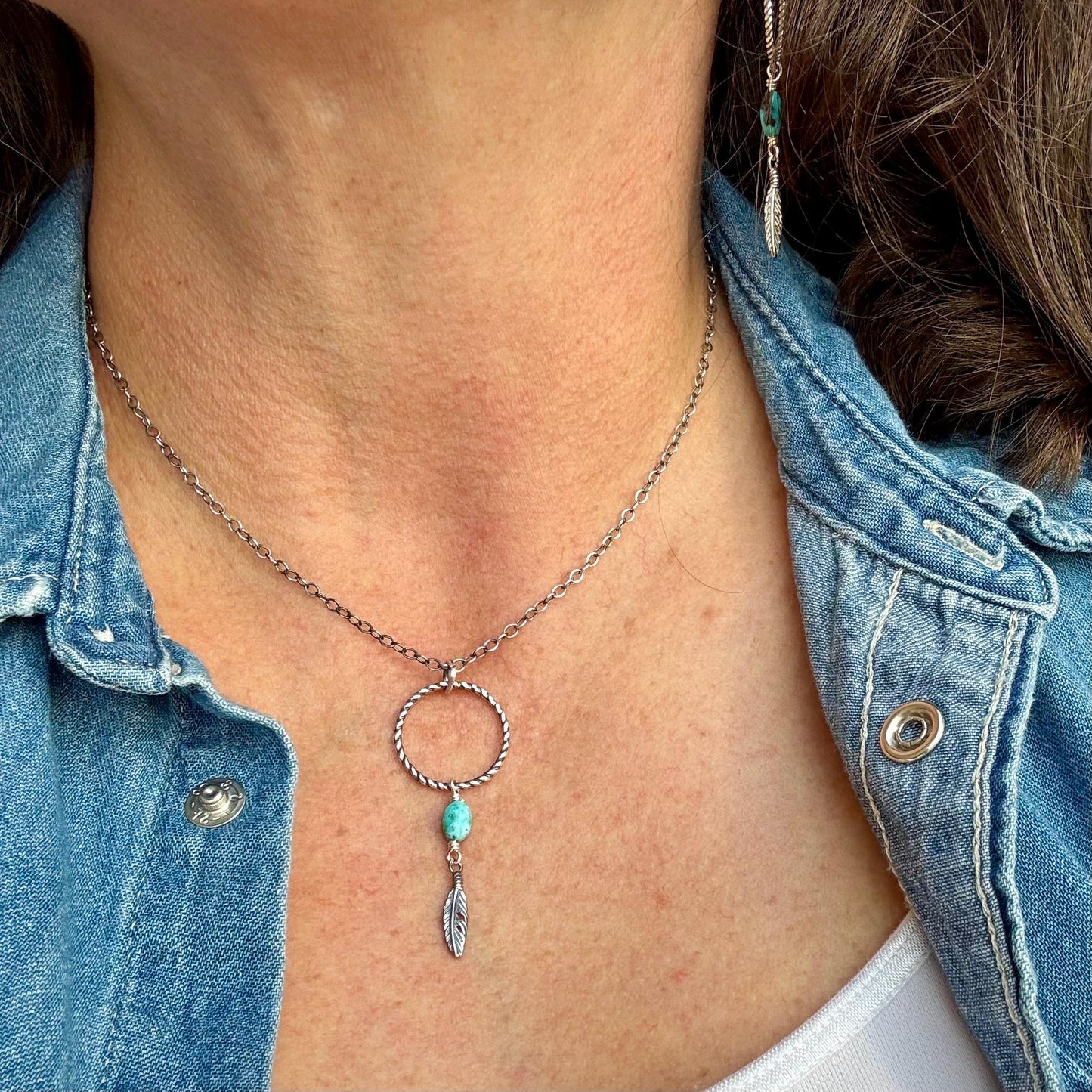 Royston Turquoise Sterling Silver Necklace: Circle Pendant with Feather Accent
