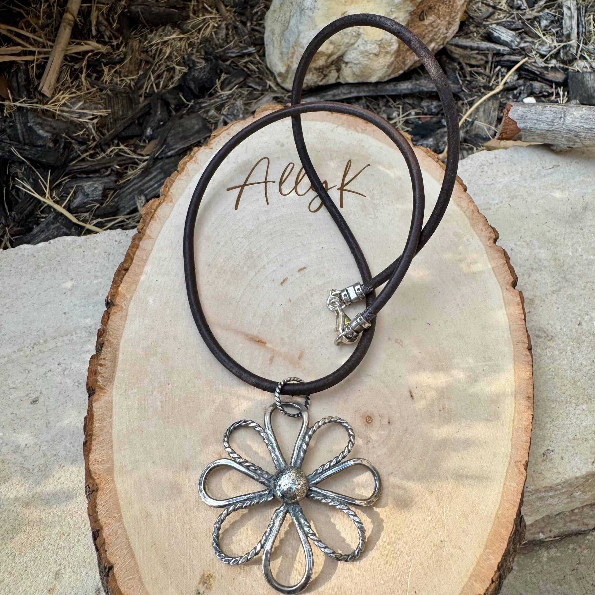 Handmade Sterling Silver Flower Pendant on Genuine Leather Necklace