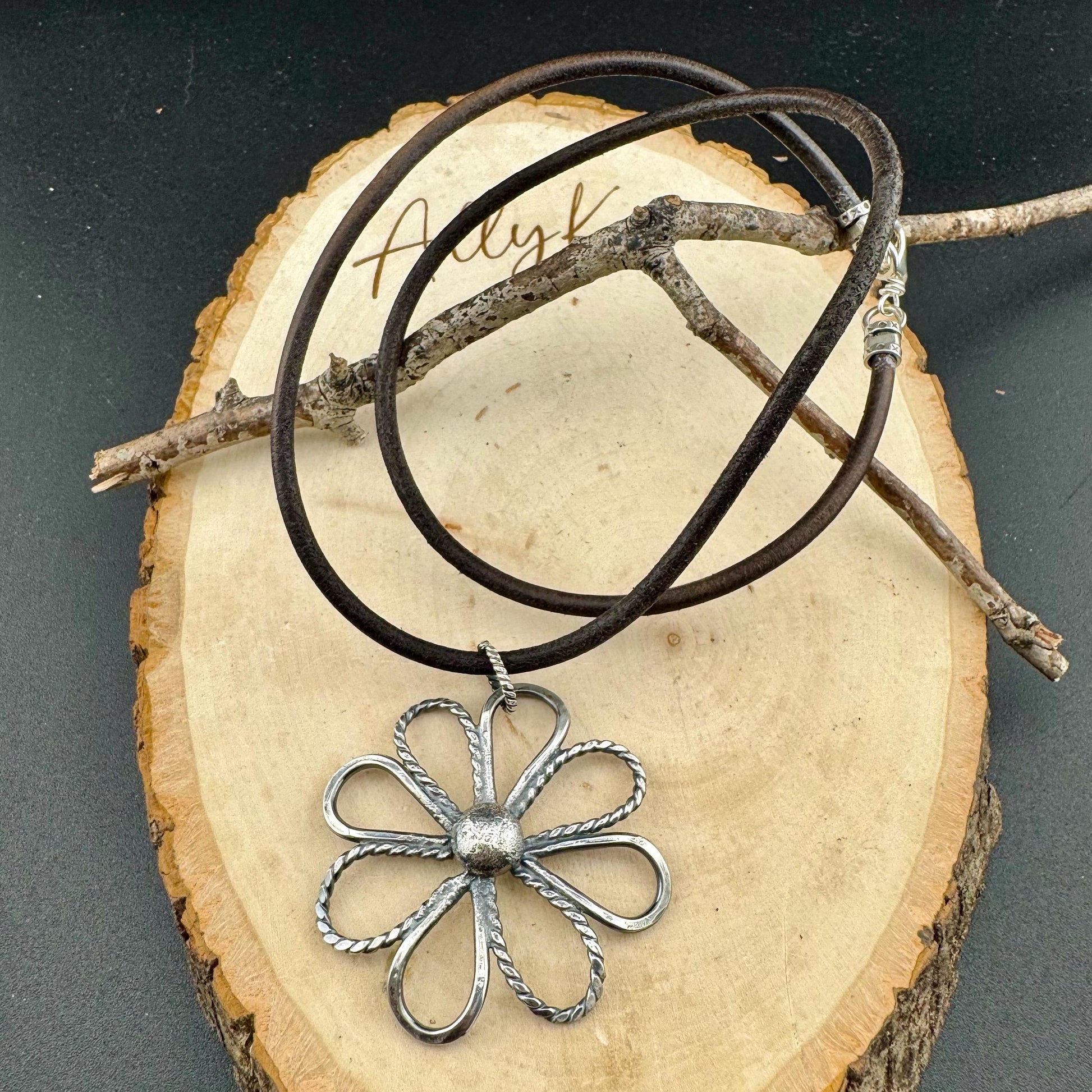Handmade Sterling Silver Flower Pendant on Genuine Leather Necklace
