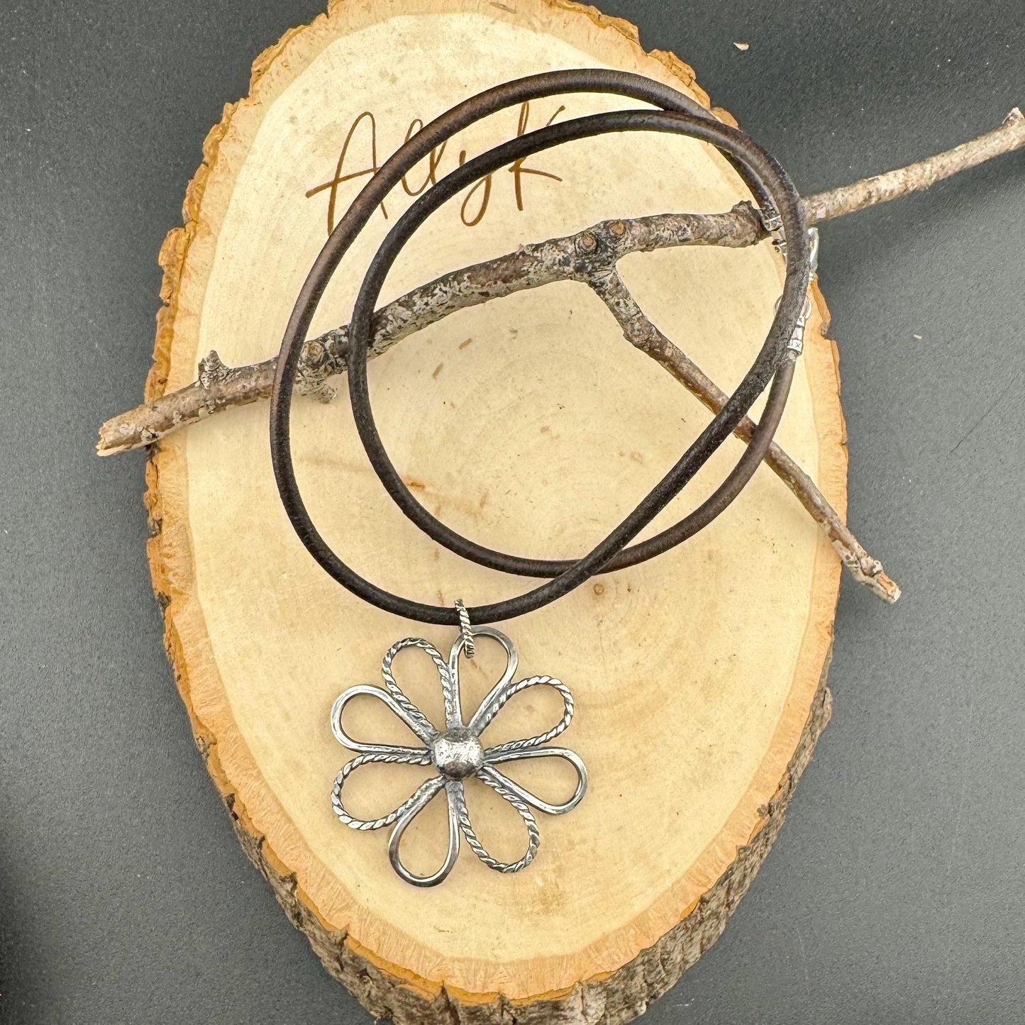 Handmade Sterling Silver Flower Pendant on Genuine Leather Necklace