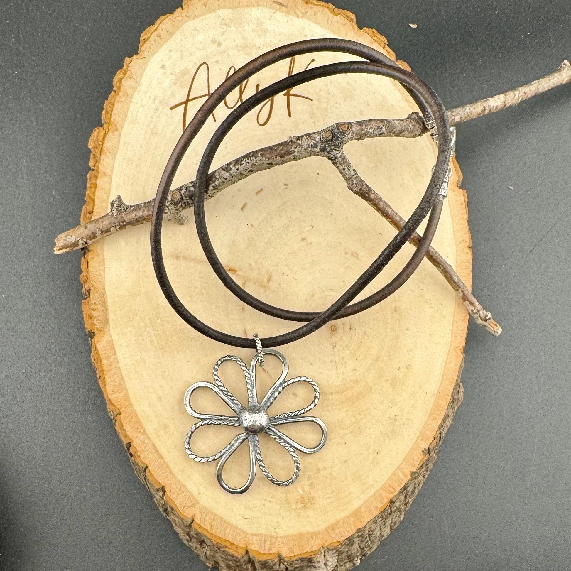 Handmade Sterling Silver Flower Pendant on Genuine Leather Necklace