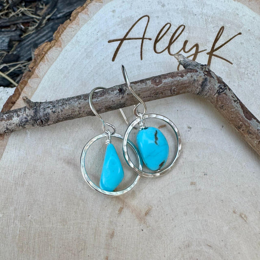 Raw Turquoise Pebble Nugget Earrings on Sterling Silver Circles