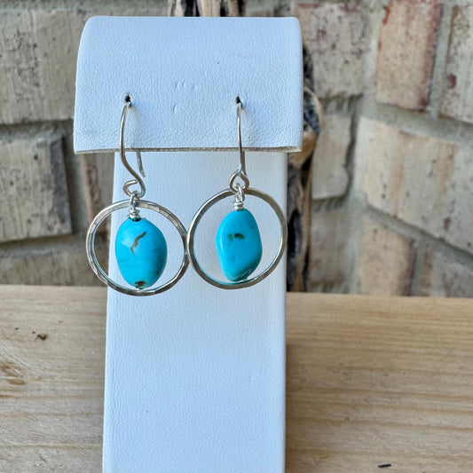 Raw Turquoise Pebble Nugget Earrings on Sterling Silver Circles