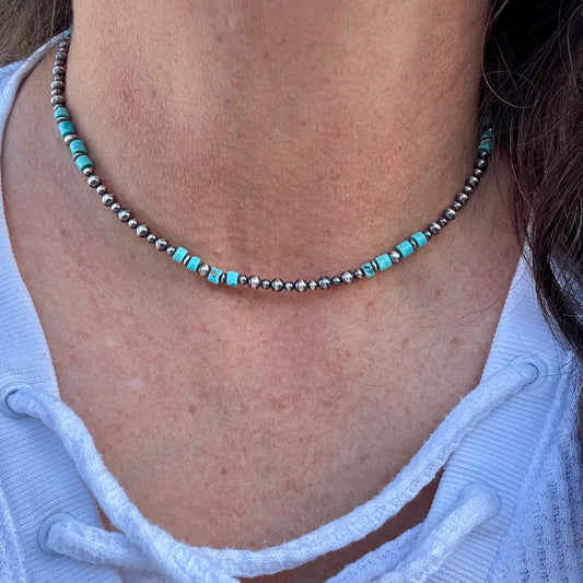Turquoise Choker Necklace with Kingman & Navajo Pearl in Sterling Silver