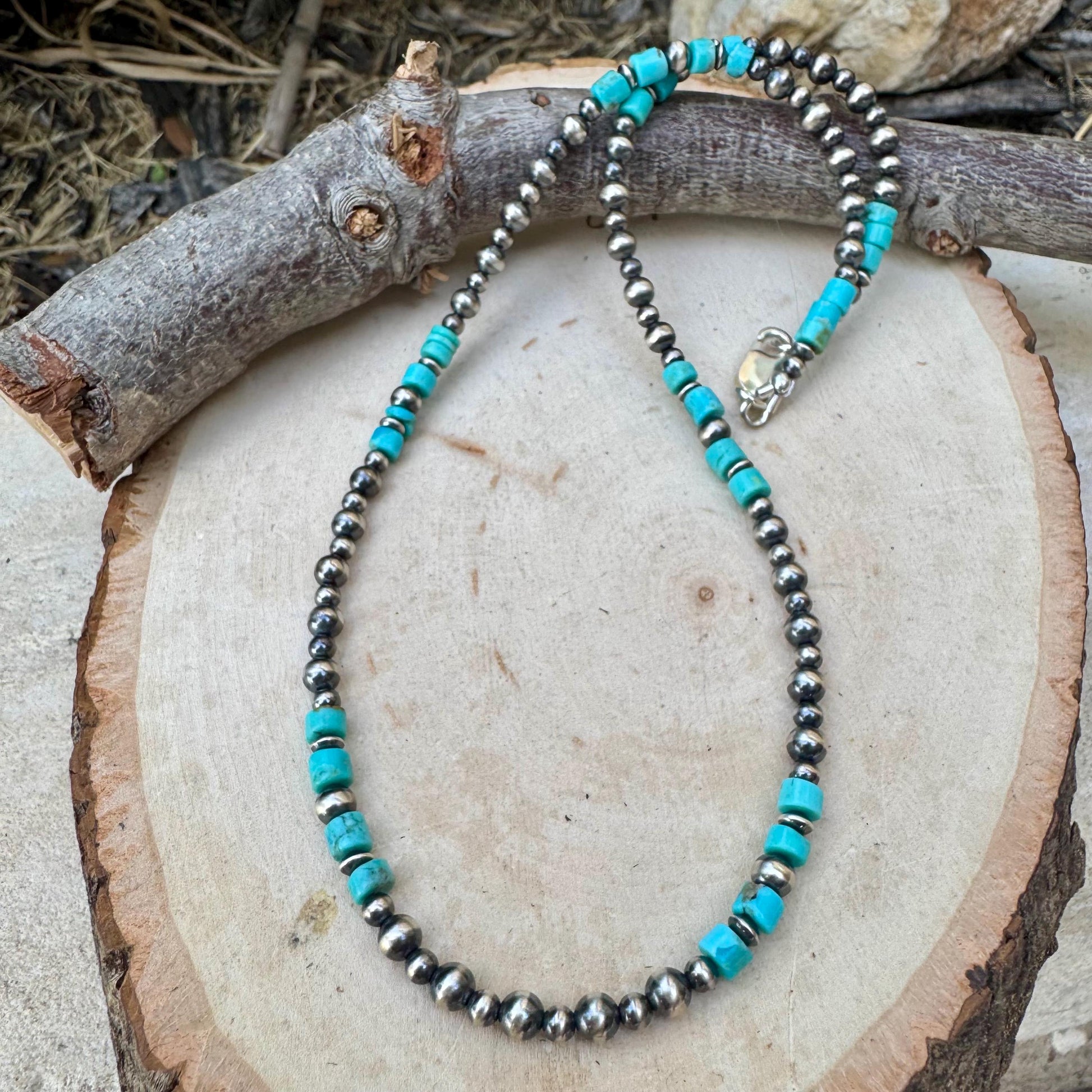 Turquoise Choker Necklace with Kingman & Navajo Pearl in Sterling Silver