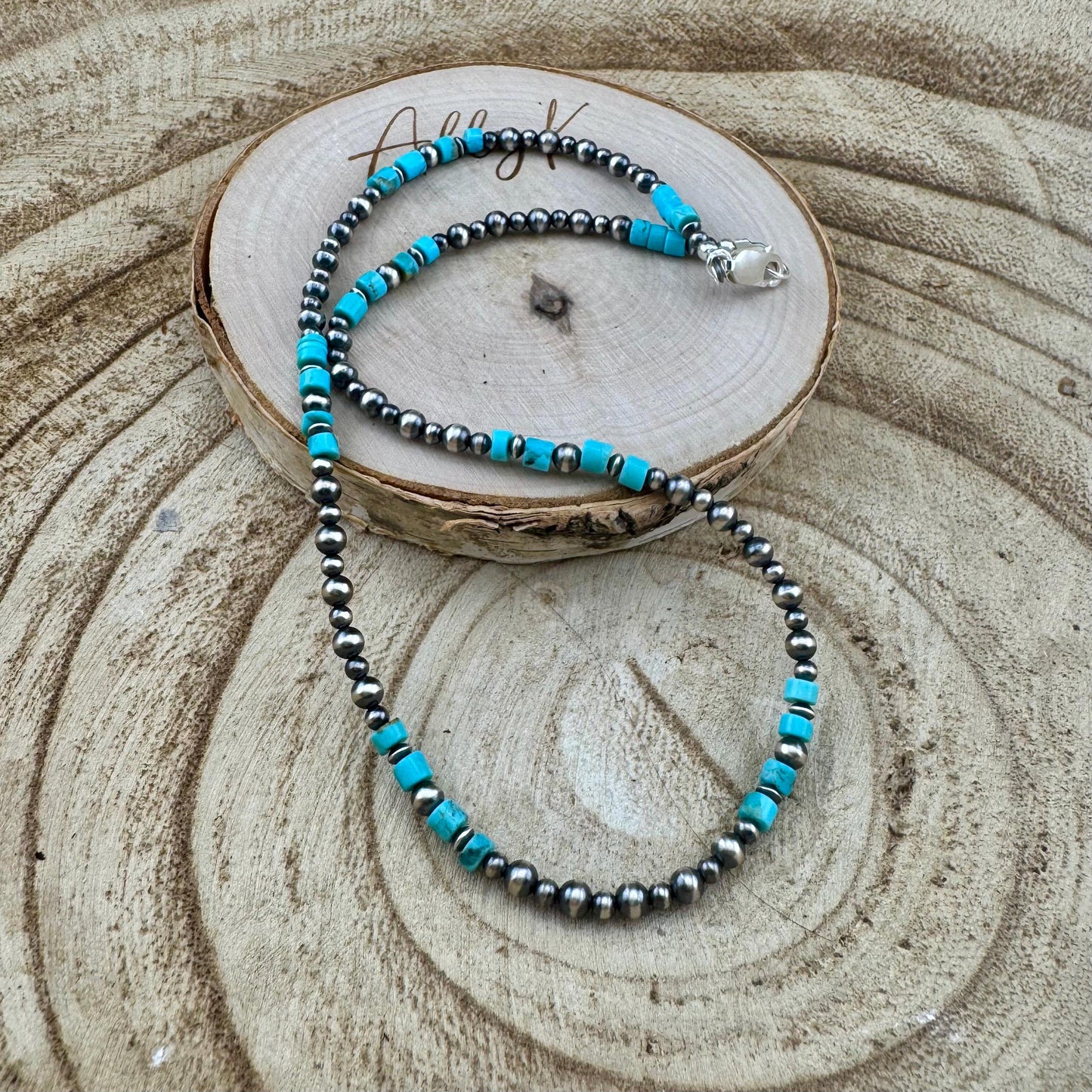 Turquoise Choker Necklace with Kingman & Navajo Pearl in Sterling Silver
