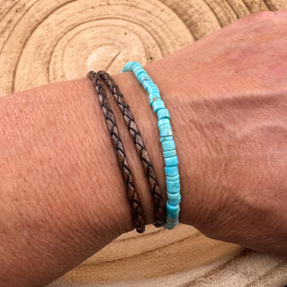 Braided Leather Multi Wrap Bracelet with Kingman Turquoise & Sterling Silver – Unisex Cuff