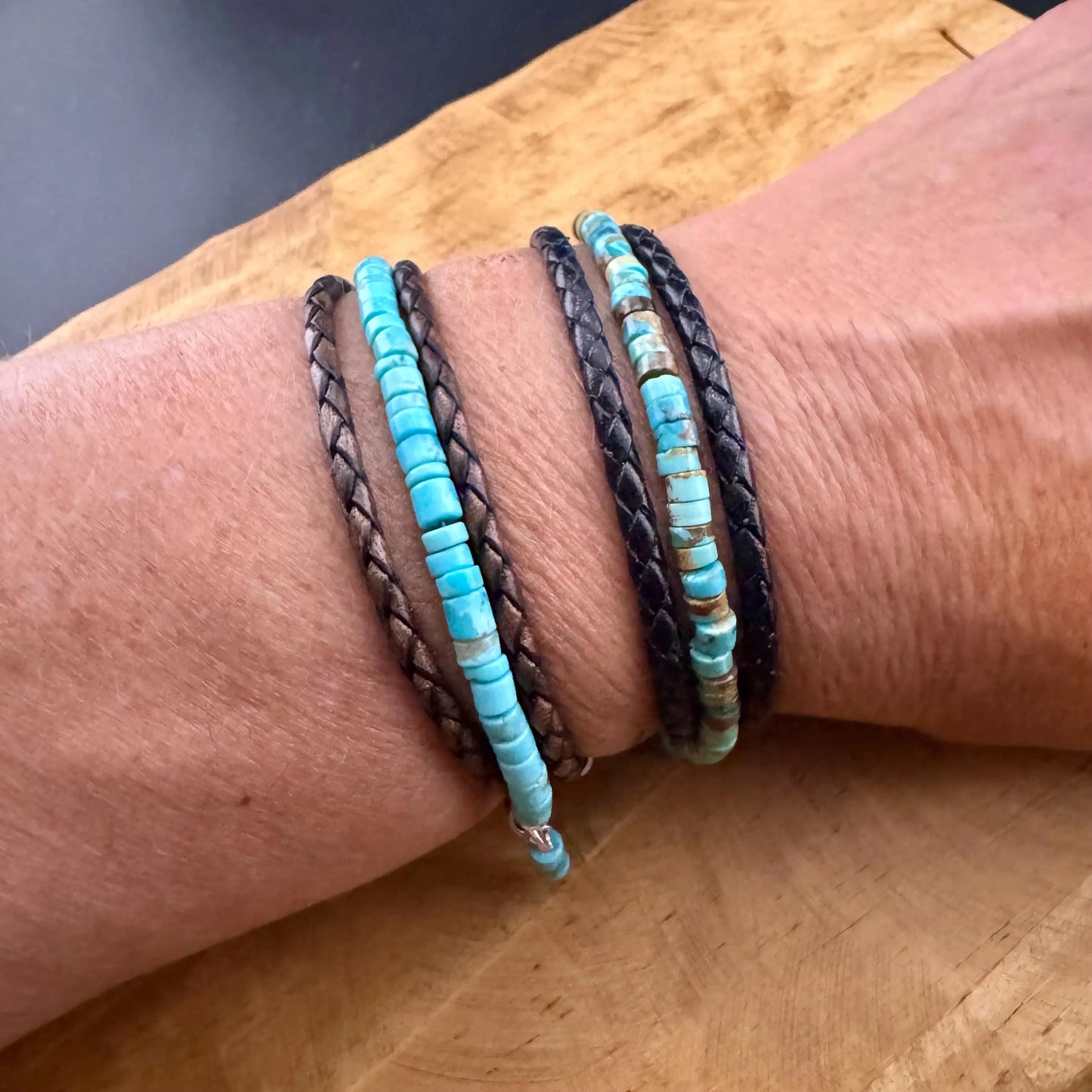 Braided Leather Multi Wrap Bracelet with Kingman Turquoise & Sterling Silver – Unisex Cuff