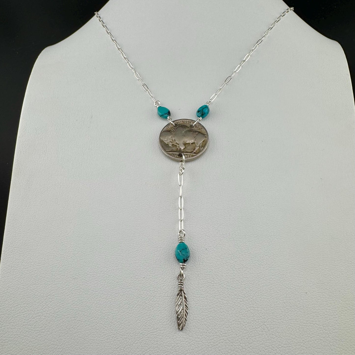 Vintage Indian Head Buffalo Nickel Lariat Necklace with Royston Turquoise on Sterling Silver