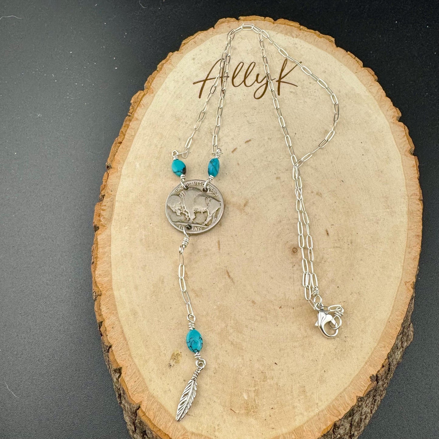 Vintage Indian Head Buffalo Nickel Lariat Necklace with Royston Turquoise on Sterling Silver