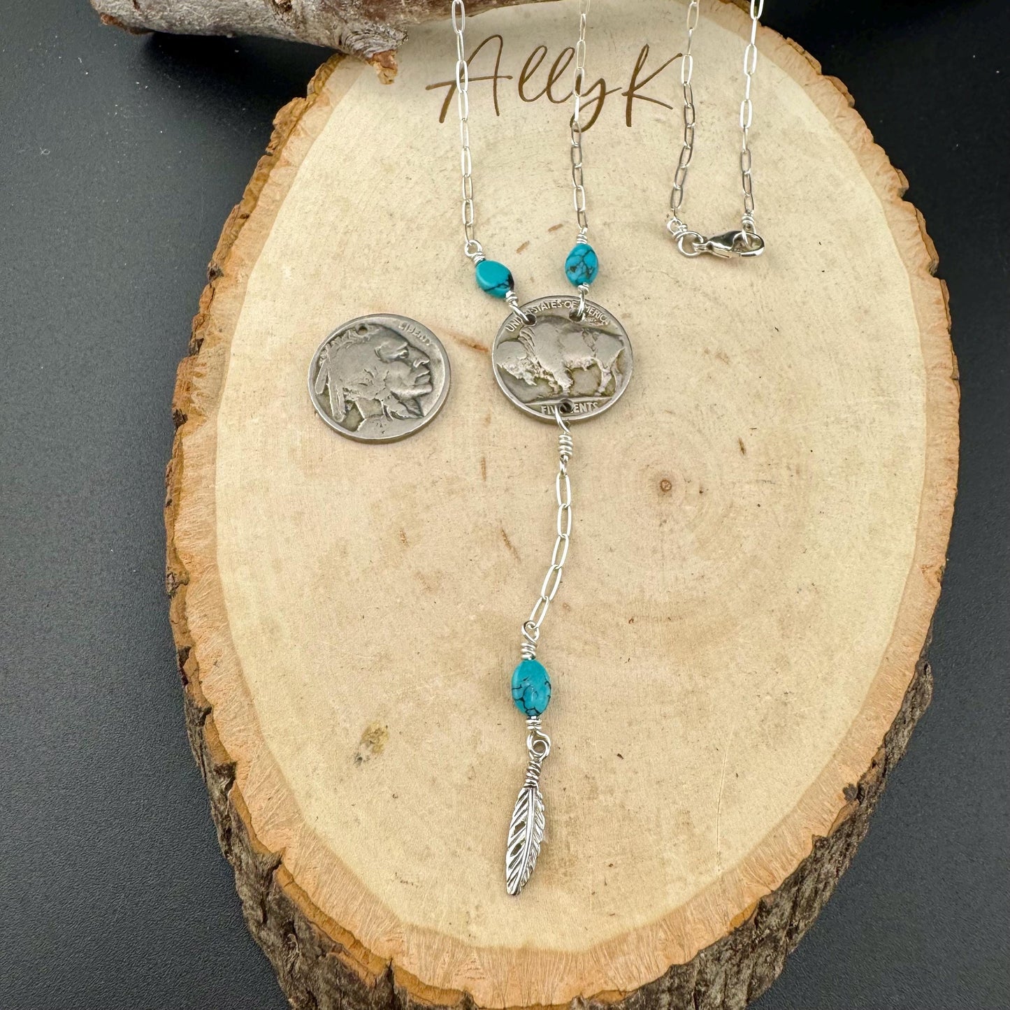 Vintage Indian Head Buffalo Nickel Lariat Necklace with Royston Turquoise on Sterling Silver