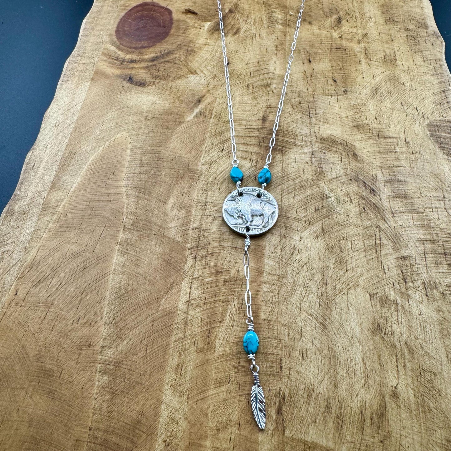 Vintage Indian Head Buffalo Nickel Lariat Necklace with Royston Turquoise on Sterling Silver