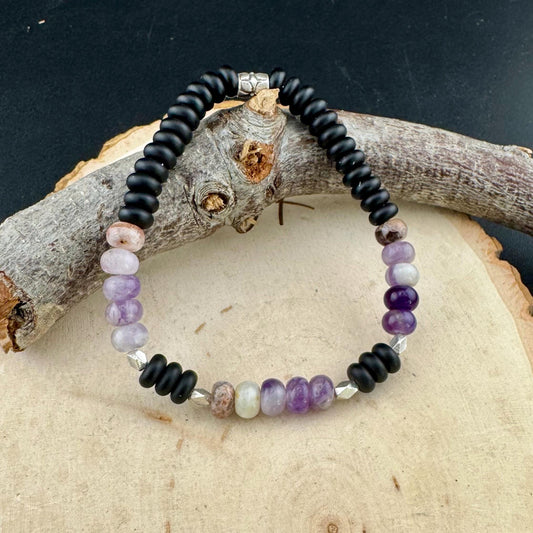 Amethyst & Onyx Sterling Silver Stretch Bracelet | Natural Gemstone Jewelry