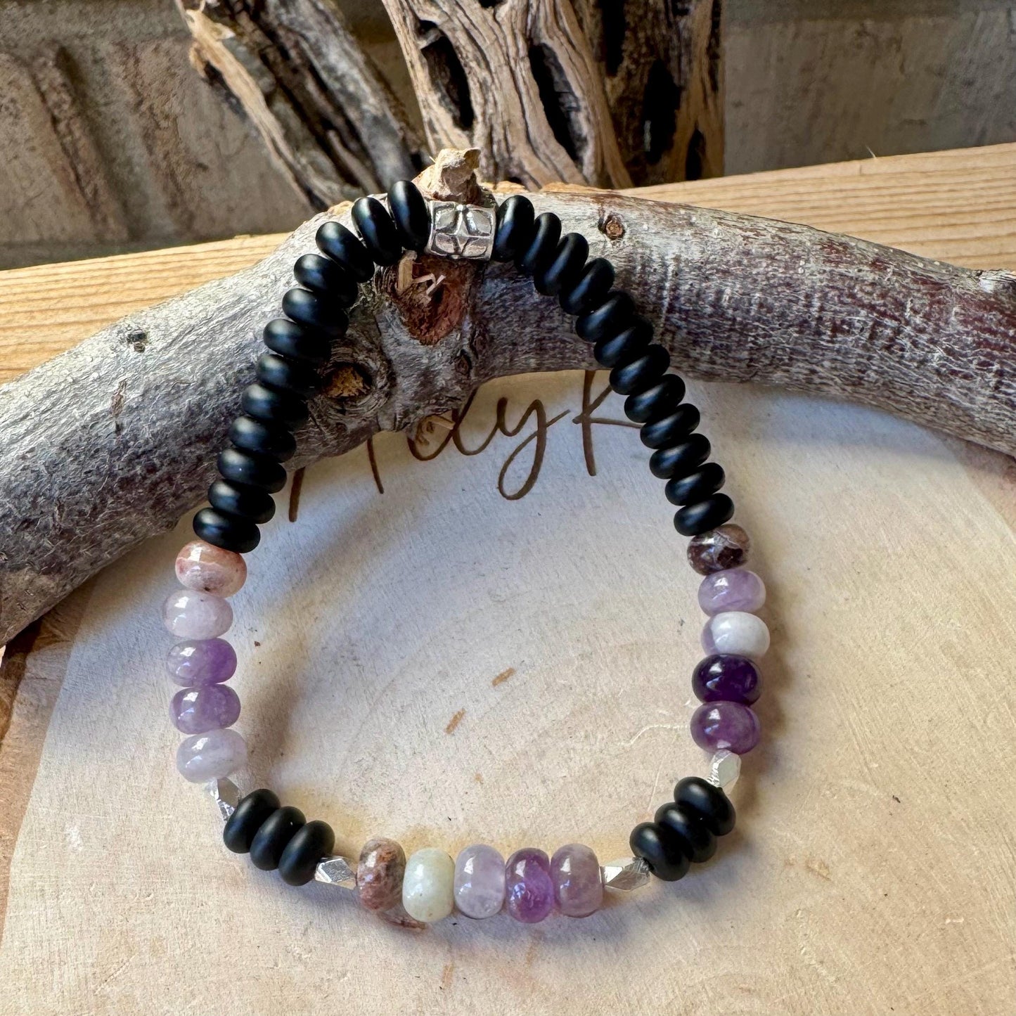 Amethyst & Onyx Sterling Silver Stretch Bracelet | Natural Gemstone Jewelry