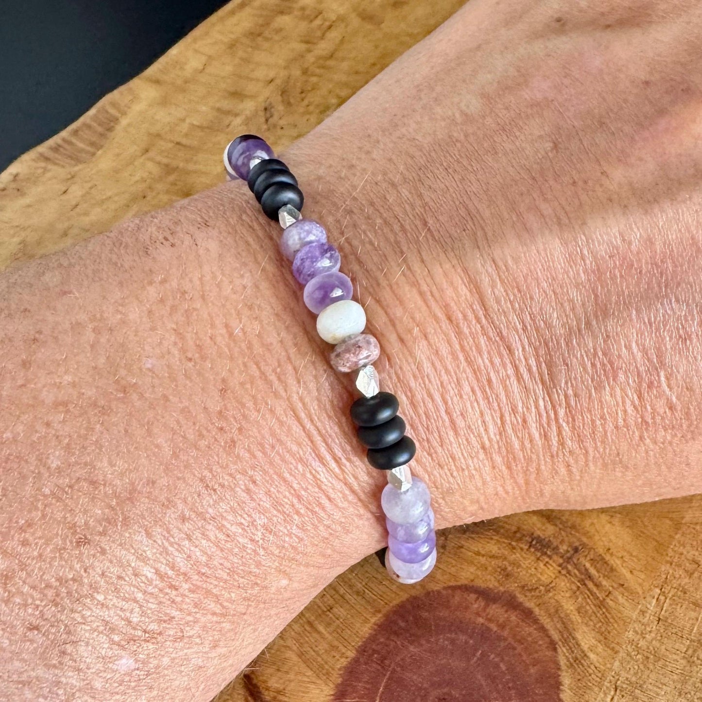Amethyst & Onyx Sterling Silver Stretch Bracelet | Natural Gemstone Jewelry