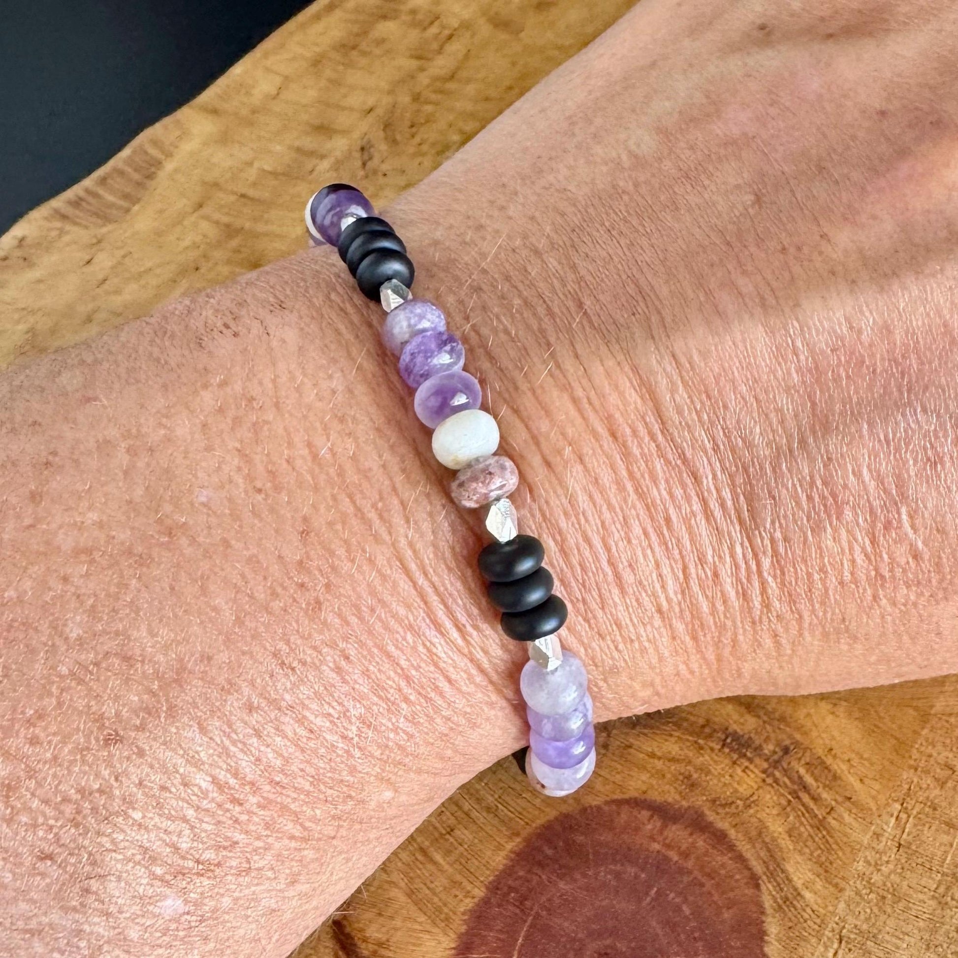 Amethyst & Onyx Sterling Silver Stretch Bracelet | Natural Gemstone Jewelry
