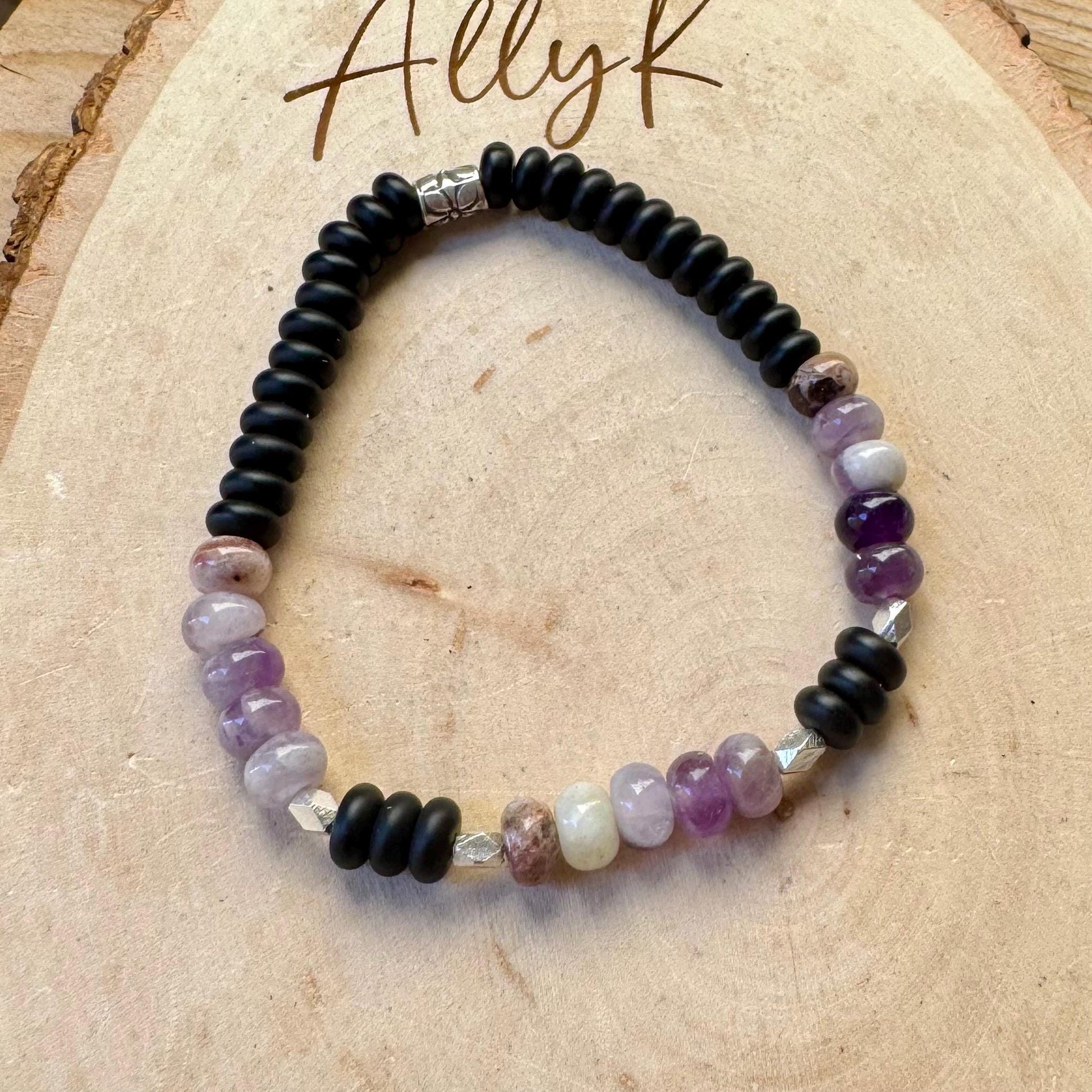 Amethyst & Onyx Sterling Silver Stretch Bracelet | Natural Gemstone Jewelry