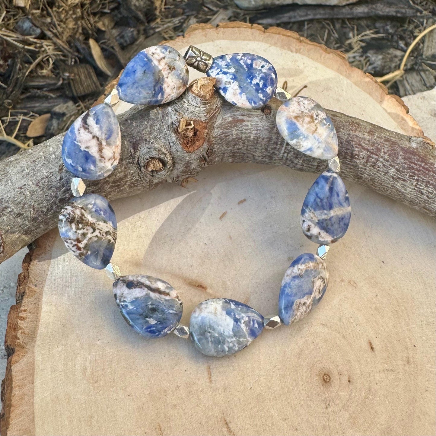Teardrop Blue Sodalite Gemstone Bracelet | Sterling Silver Stretch Jewelry