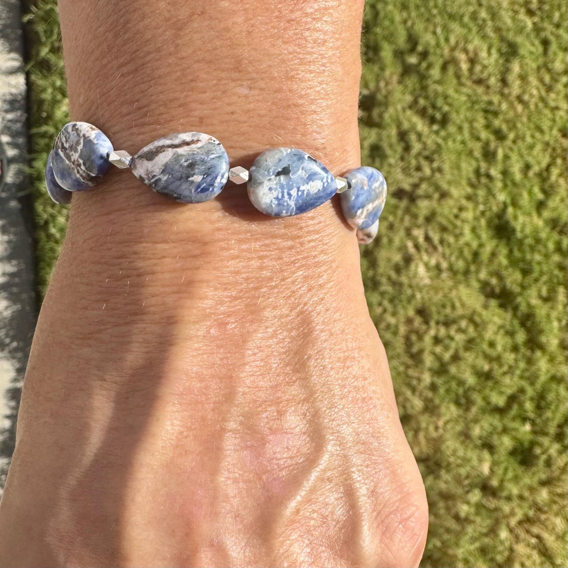 Teardrop Blue Sodalite Gemstone Bracelet | Sterling Silver Stretch Jewelry