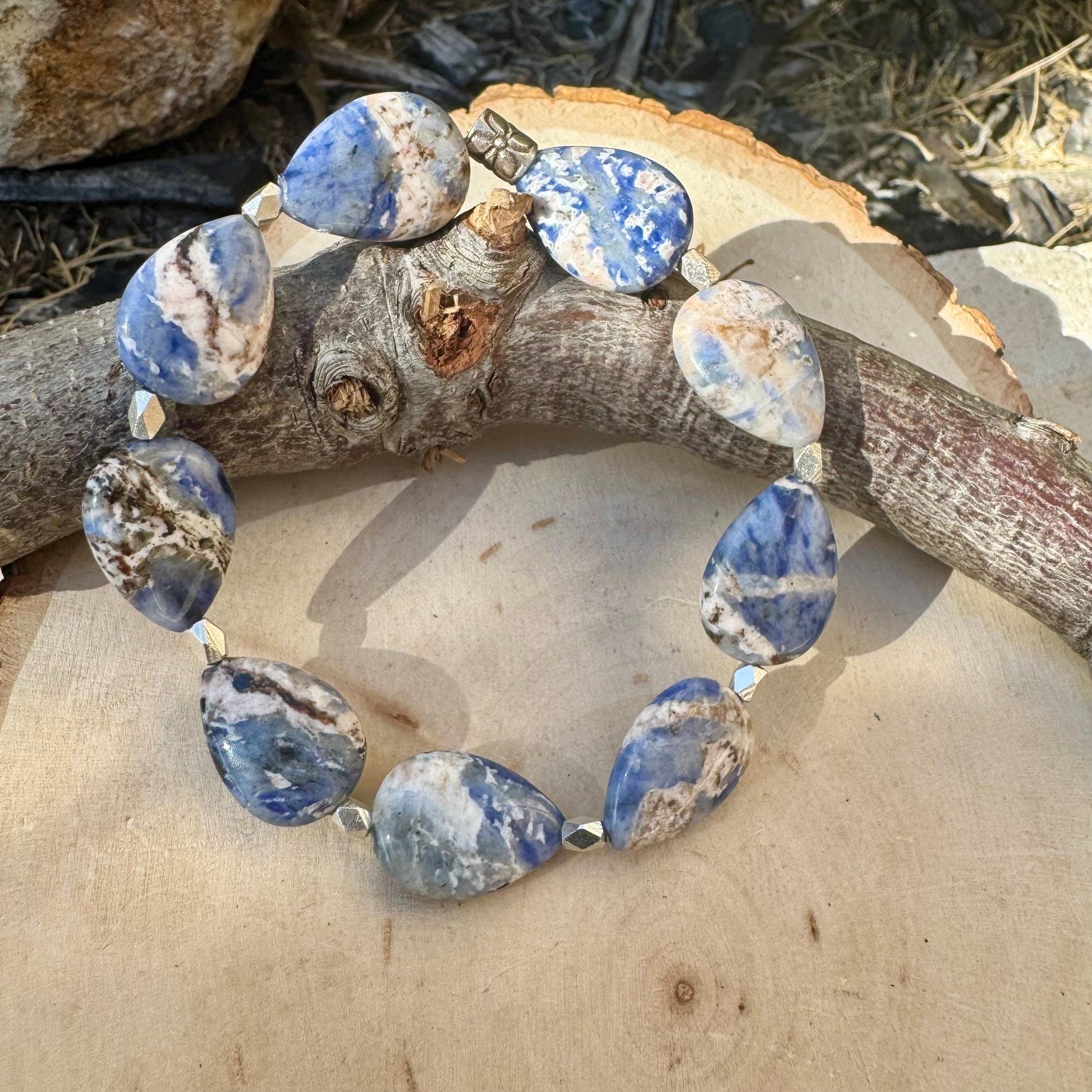 Teardrop Blue Sodalite Gemstone Bracelet | Sterling Silver Stretch Jewelry