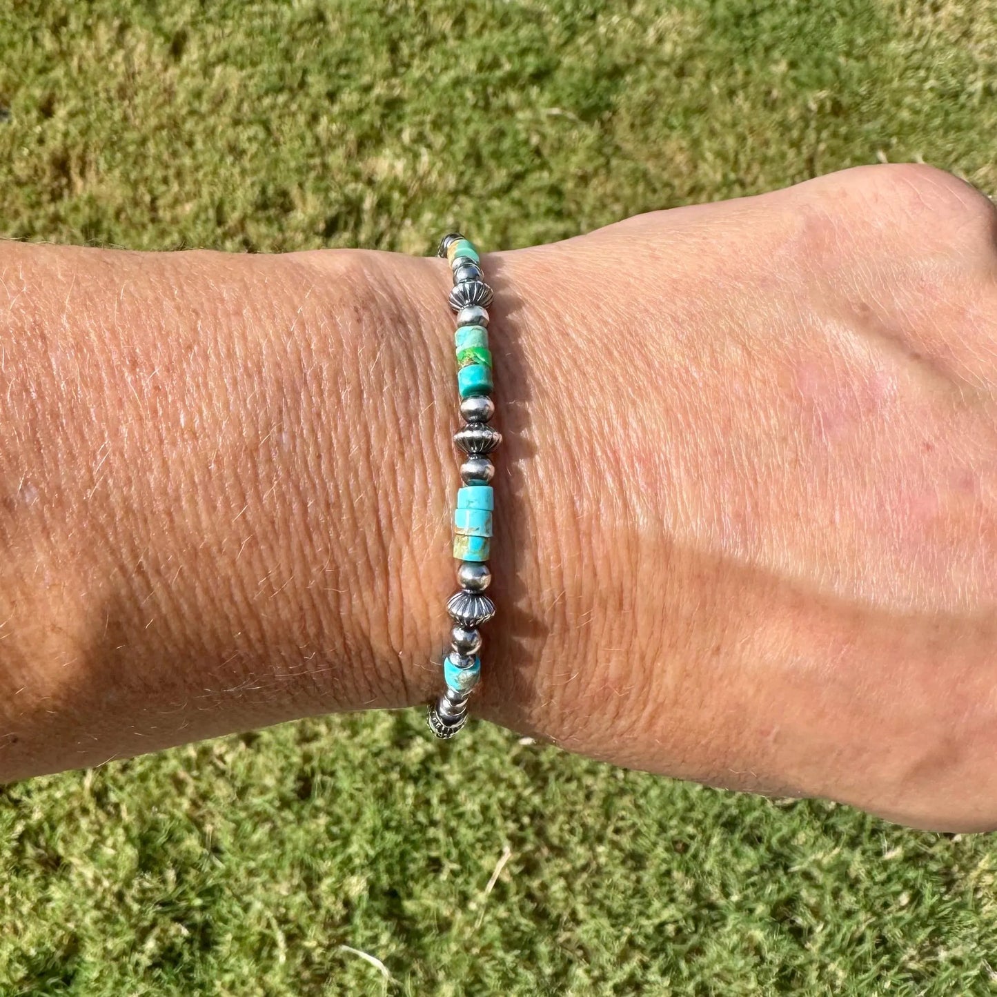 Sterling Silver Navajo Pearl Bracelet featuring Kingman Blue Green Turquoise