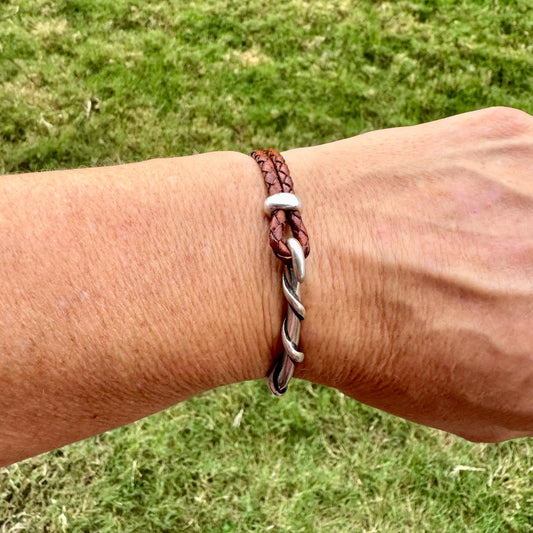 Braided Leather Wrap Bracelet with Silver Cuff – Rustic Elegance