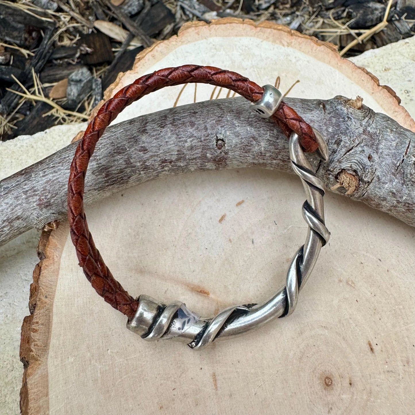 Braided Leather Wrap Bracelet with Silver Half Cuff - Rustic Style in Multiple Colors