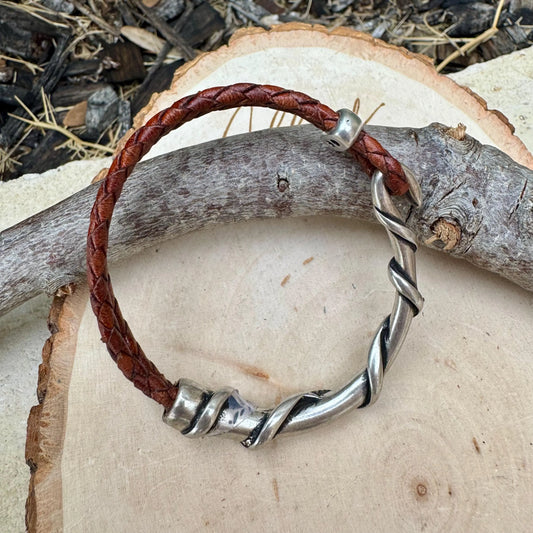 Braided Leather Wrap Bracelet with Silver Cuff – Rustic Elegance