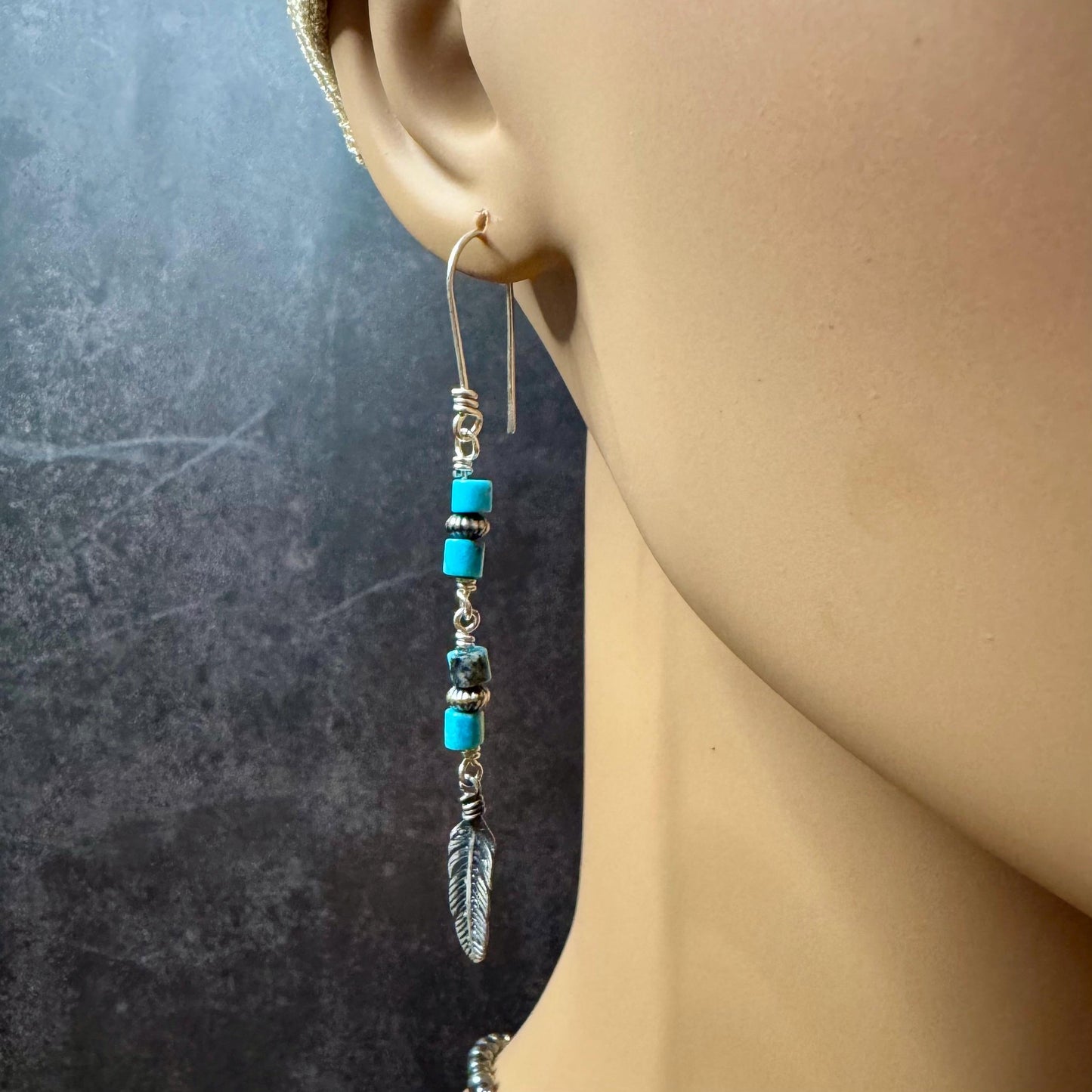 Rustic Sterling Silver Dangle Earrings with Kingman Turquoise & Navajo Pearls
