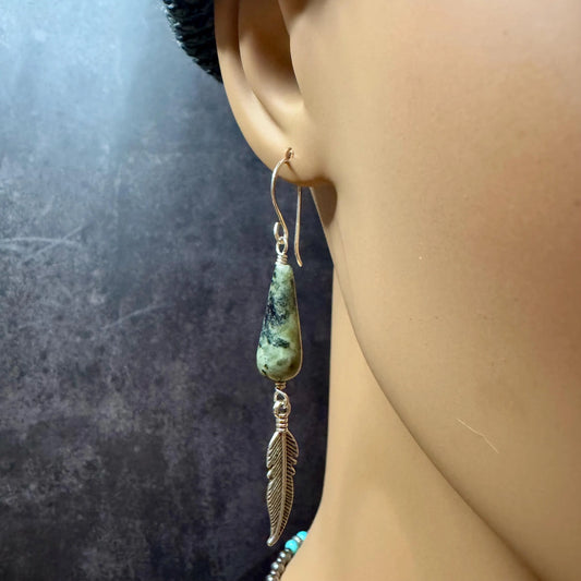 African Turquoise Gemstone Feather Dangle Earrings in Sterling Silver