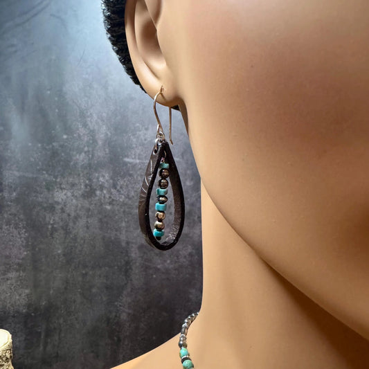 Teardrop Leather Navajo Pearl Earrings, Turquoise Leather Earrings
