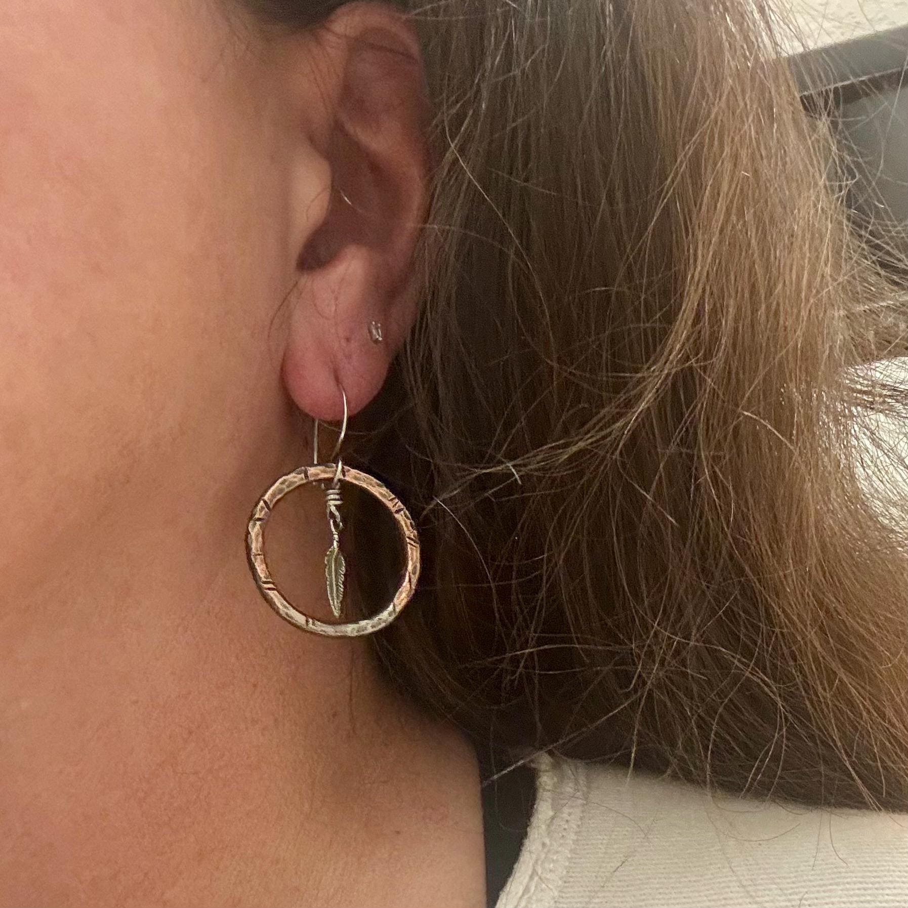 Handcrafted Mixed Metal Feather Dangle Earrings in Copper & Sterling Silver