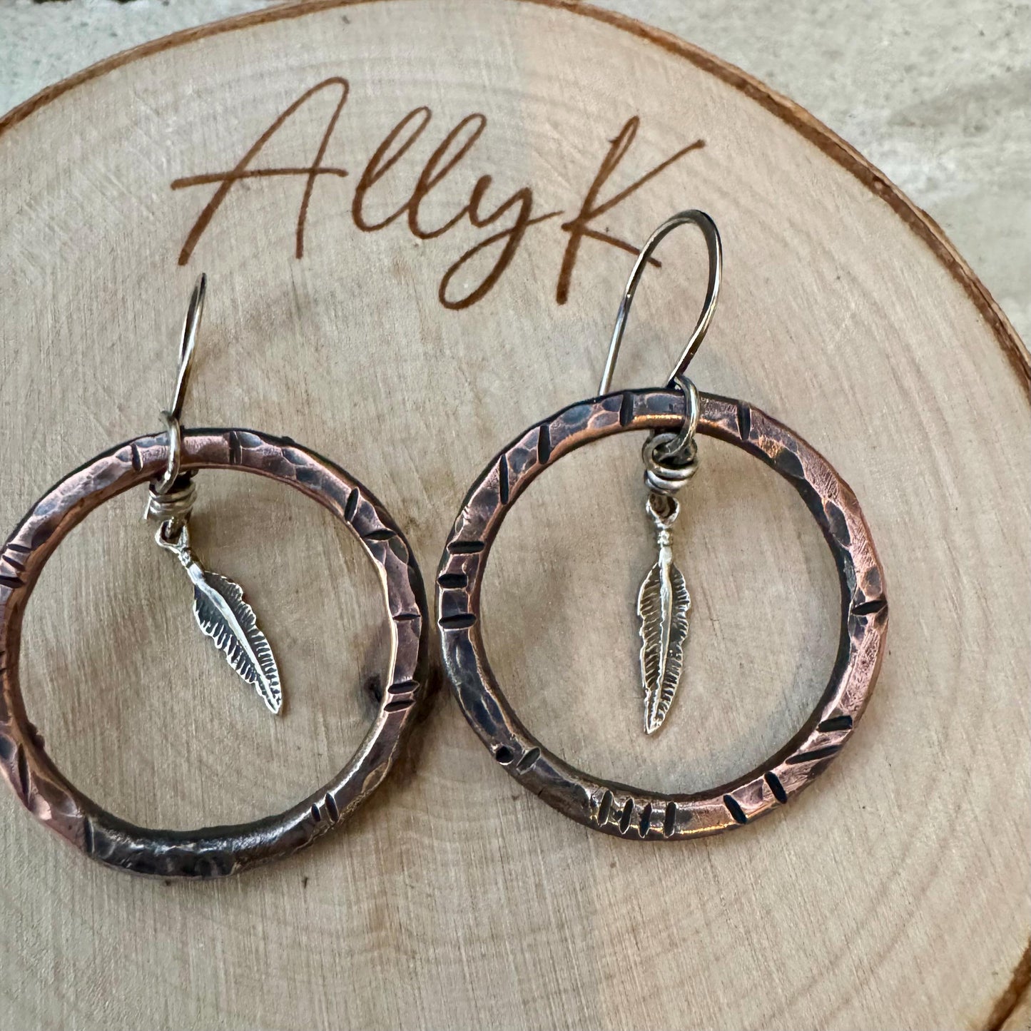 Handcrafted Mixed Metal Feather Dangle Earrings in Copper & Sterling Silver