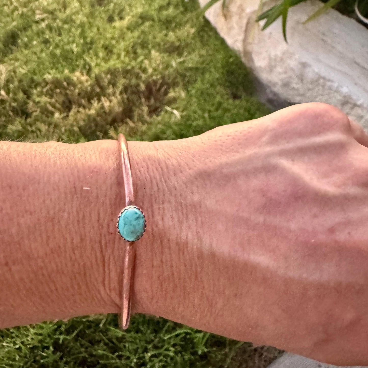 Kingman Turquoise Bezel Cuff Bracelet - Adjustable Antique Copper Design