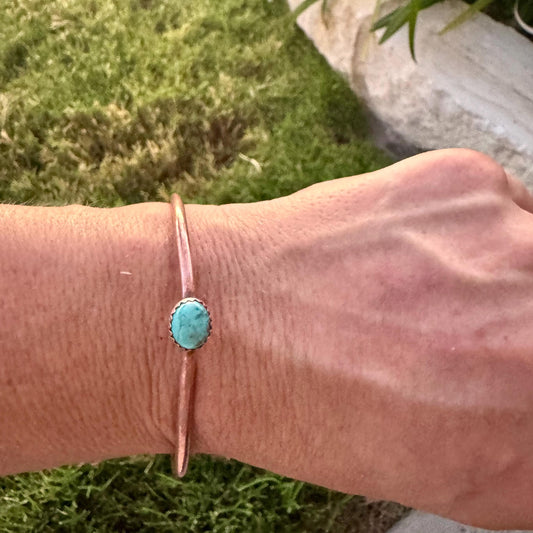Kingman Turquoise Bezel Cuff Bracelet - Adjustable Antique Copper Design