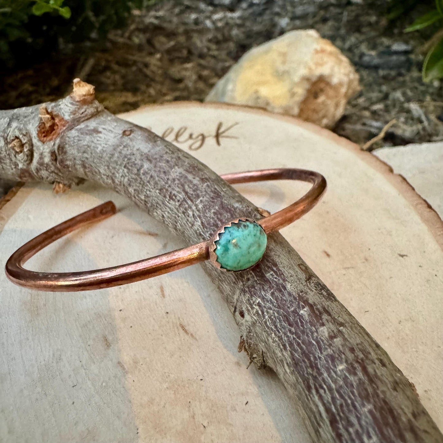 Kingman Turquoise Bezel Cuff Bracelet - Adjustable Antique Copper Design