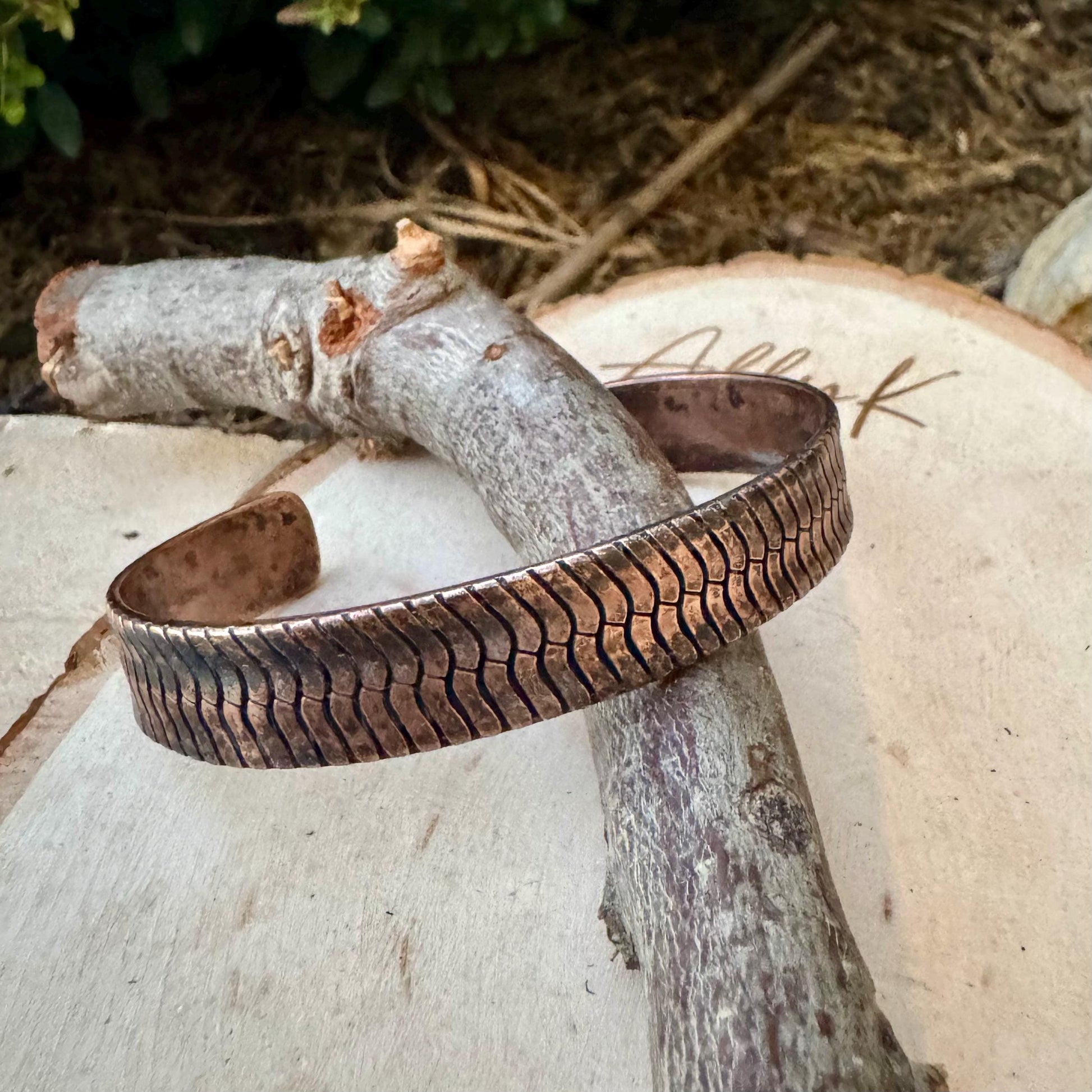 Rustic Herringbone Copper Cuff Bracelet – Antique Oxidized Finish