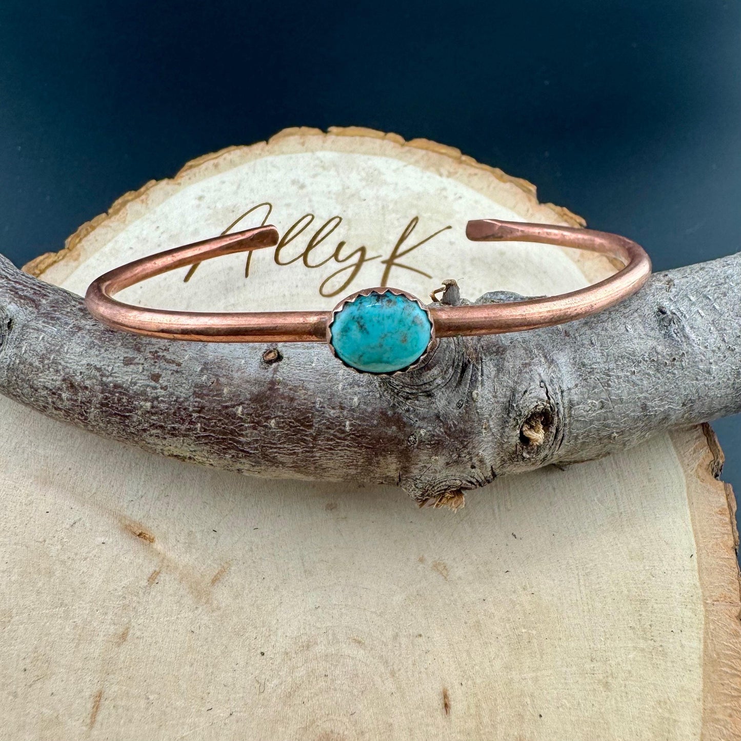 Kingman Turquoise Bezel Cuff Bracelet - Adjustable Antique Copper Design