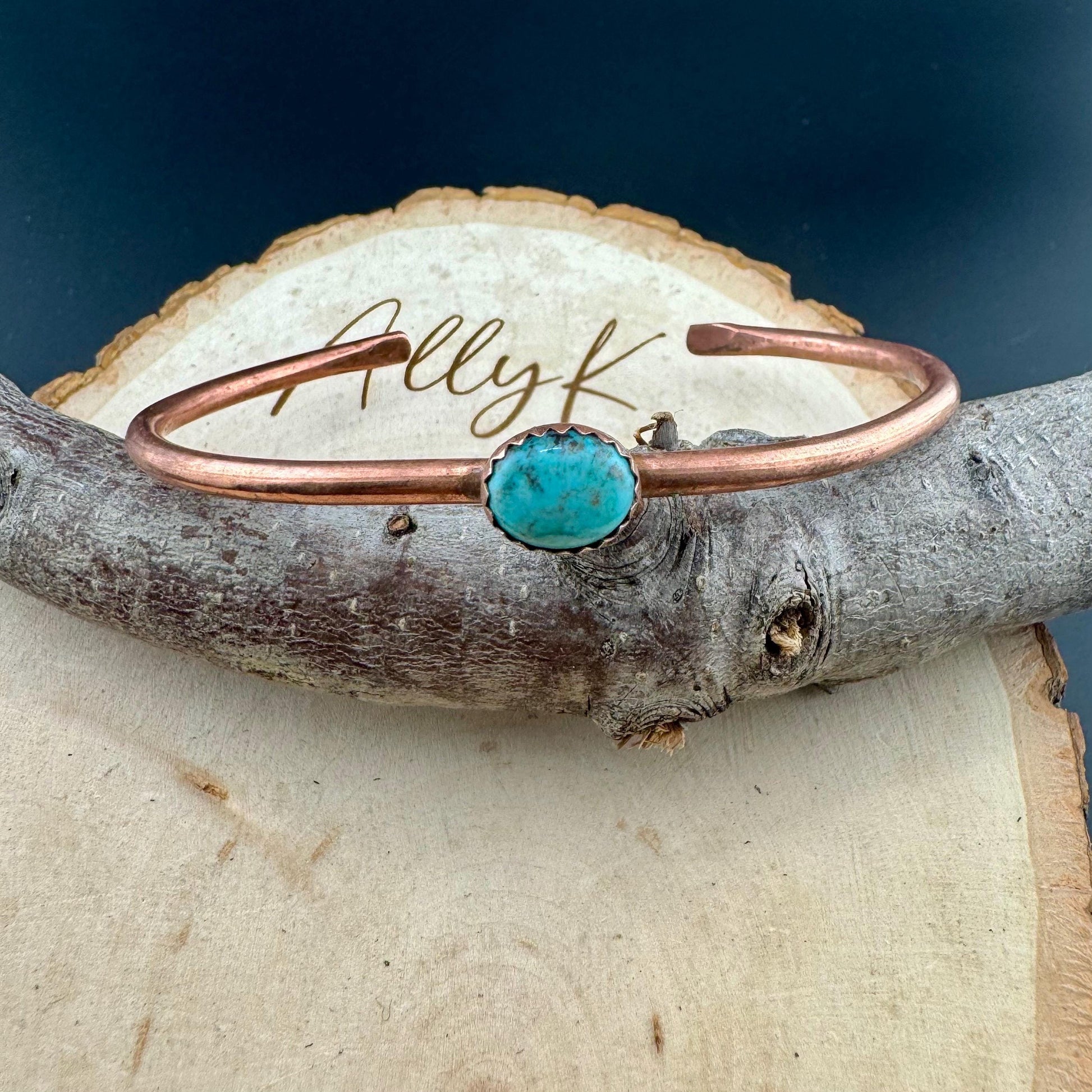 Kingman Turquoise Bezel Cuff Bracelet - Adjustable Antique Copper Design
