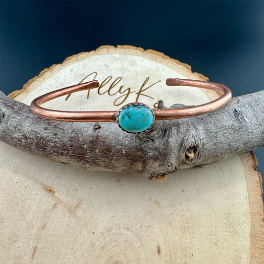 Kingman Turquoise Bezel Cuff Bracelet - Adjustable Antique Copper Design