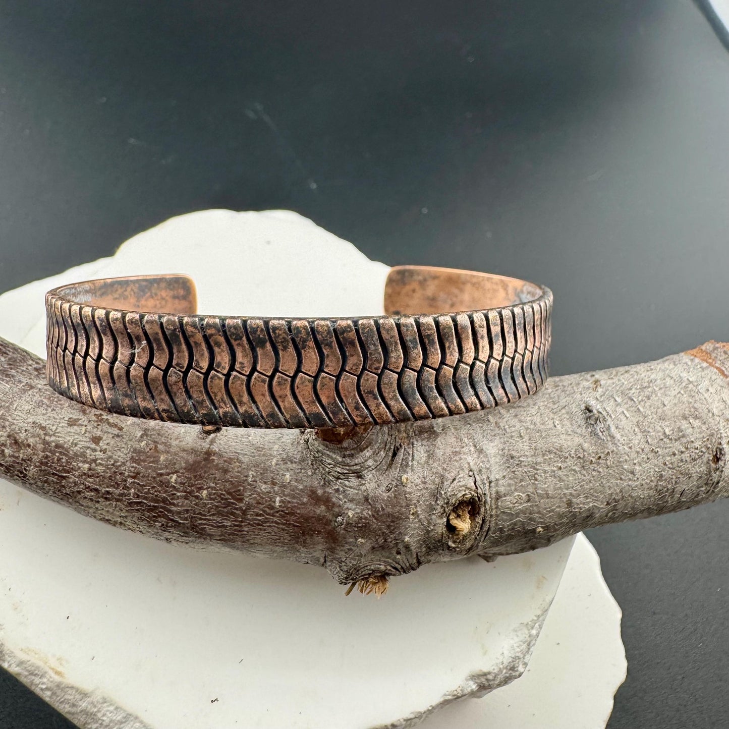 Rustic Herringbone Copper Cuff Bracelet – Antique Oxidized Finish