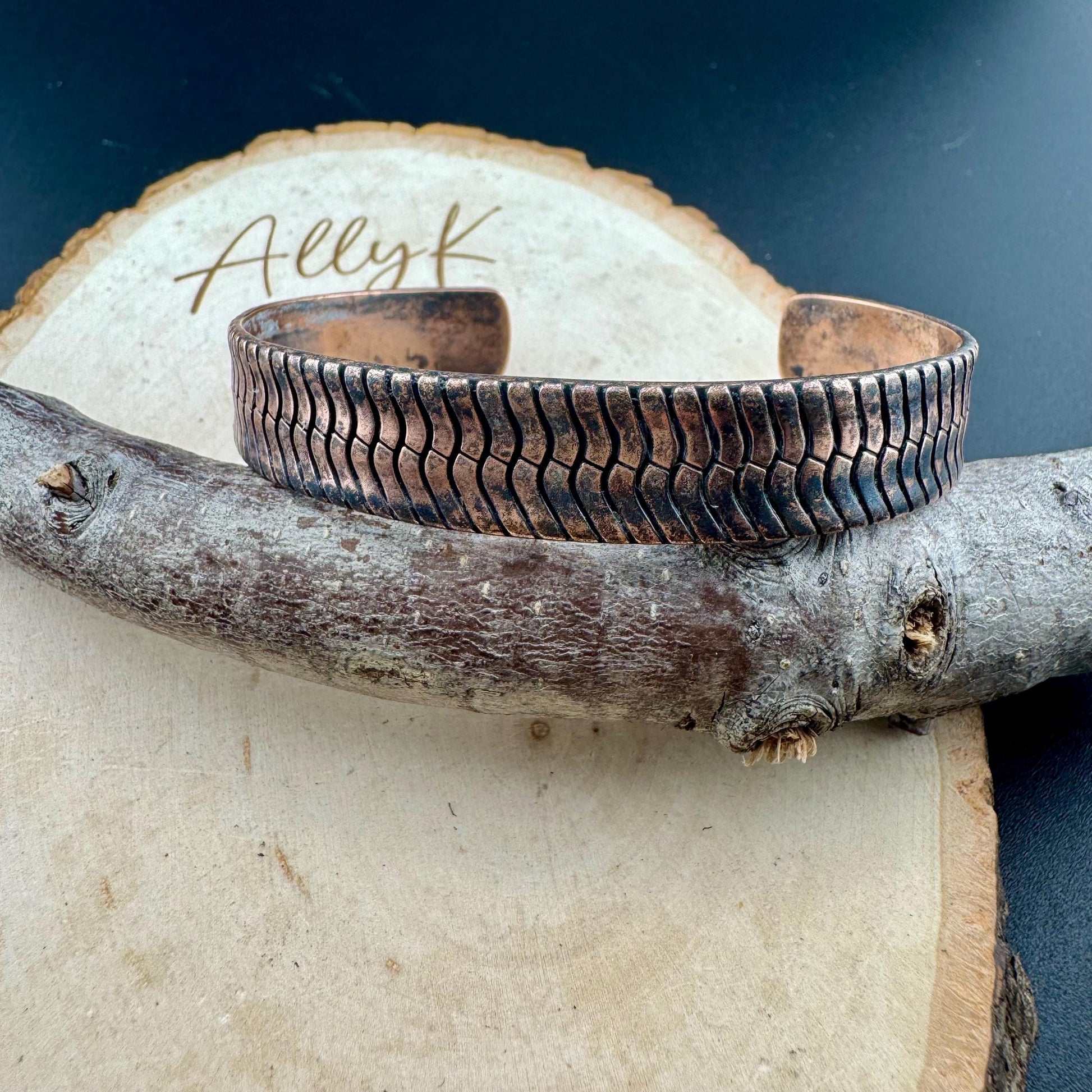 Rustic Herringbone Copper Cuff Bracelet – Antique Oxidized Finish