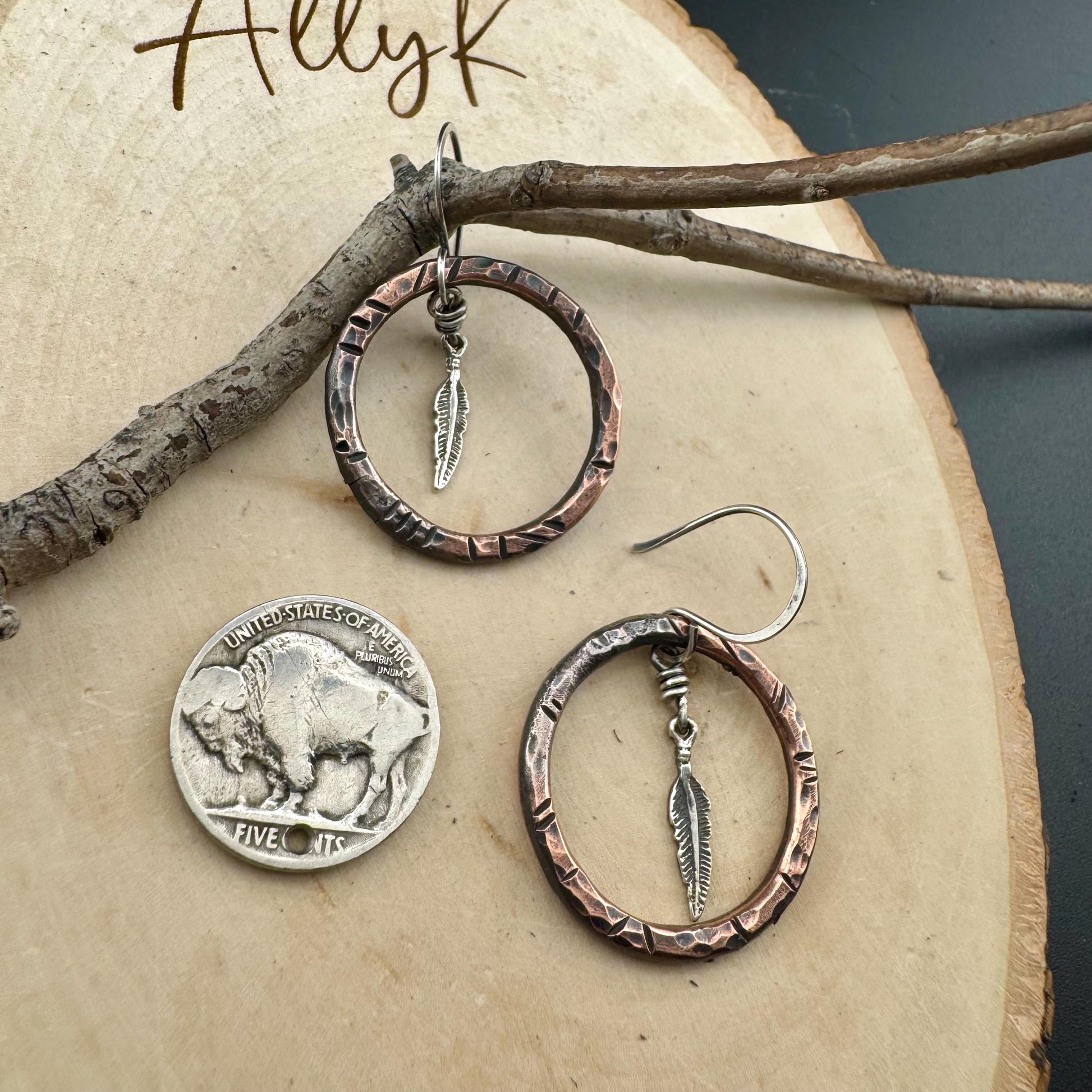 Handcrafted Mixed Metal Feather Dangle Earrings in Copper & Sterling Silver