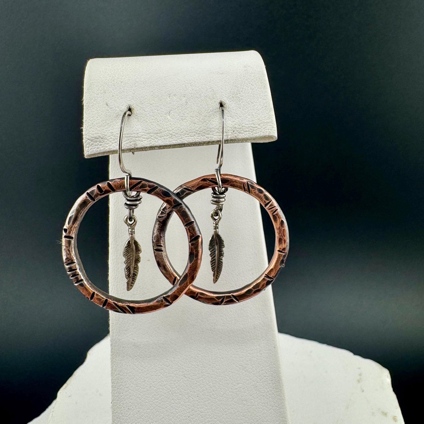 Handcrafted Mixed Metal Feather Dangle Earrings in Copper & Sterling Silver