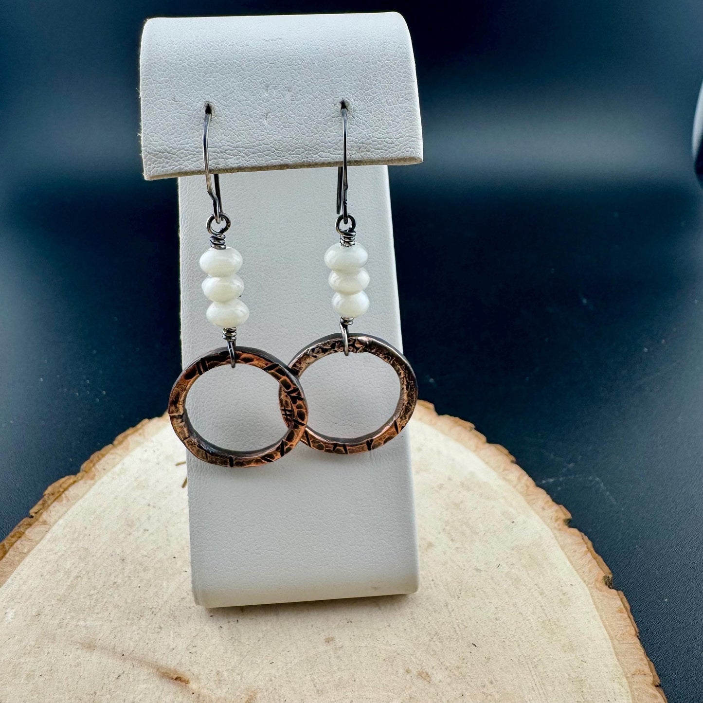 Artisan Copper & Sterling Silver Earrings with Mother of Pearl - Unique Mixed Metal Jewelry