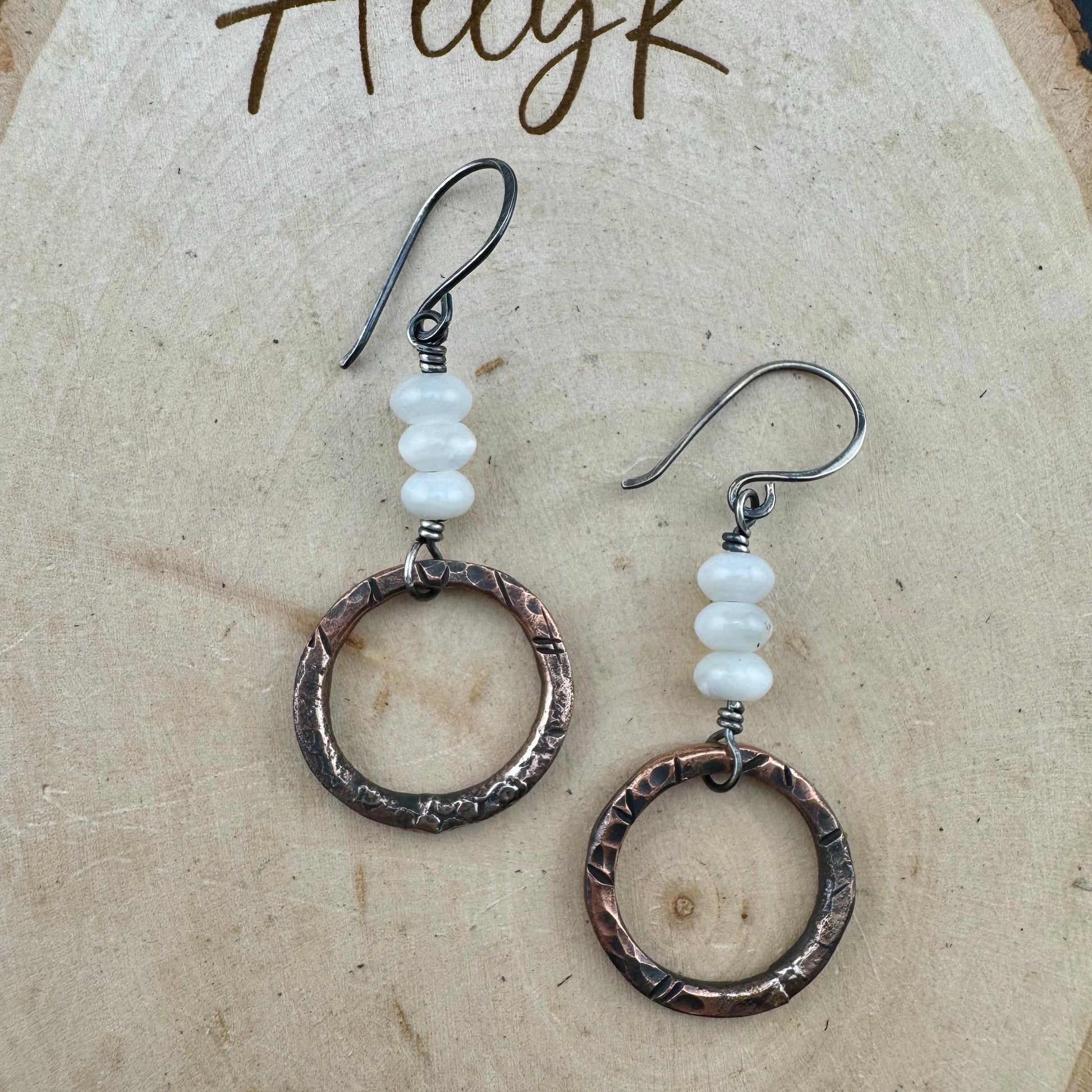 Artisan Copper & Sterling Silver Earrings with Mother of Pearl - Unique Mixed Metal Jewelry