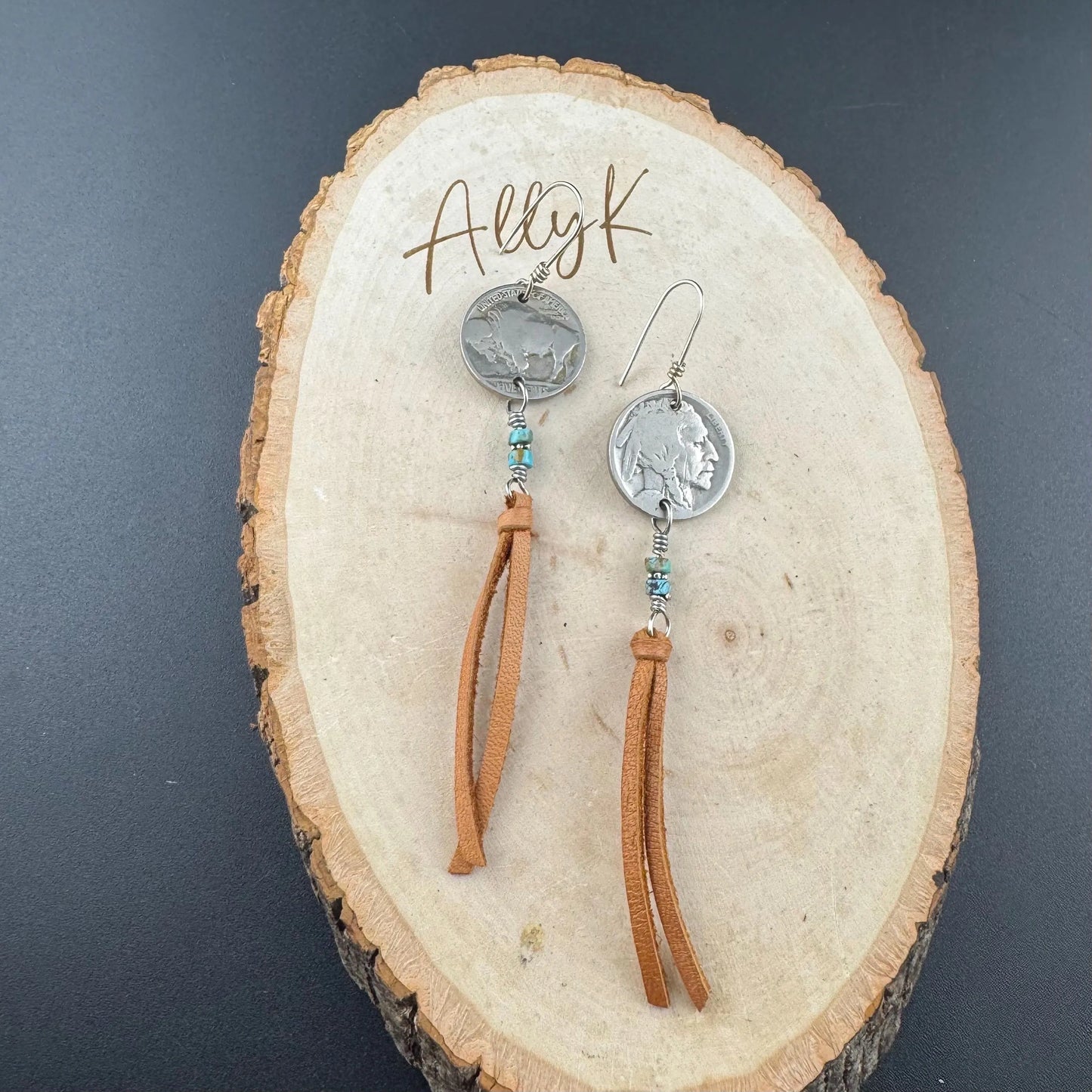 Indian Head Buffalo Nickel Earrings, Deerskin Leather Earrings, Turquoise Gemstone Jewelry, Leather Earrings, Bohemian Style