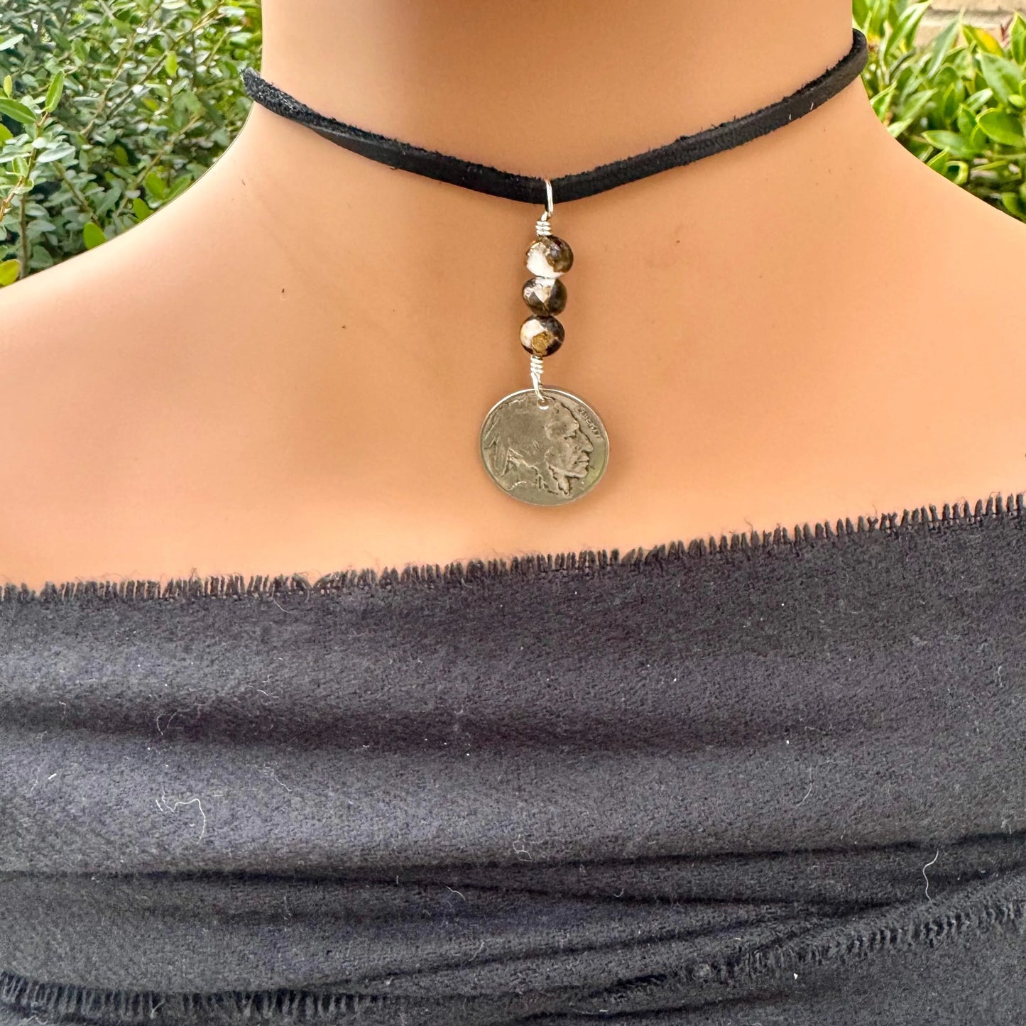 Indian Head Buffalo Nickel Necklace on Deerskin Lace with White Buffalo Gemstone