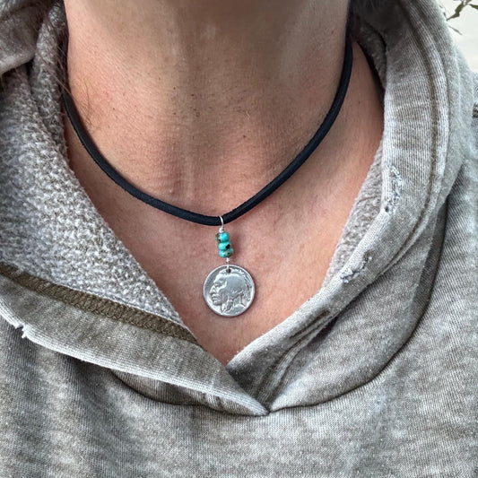Indian Head Buffalo Nickel on Deerskin Lace with Kingman Turquoise Gemstone