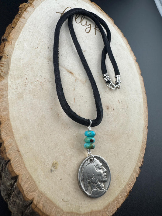 Indian Head Buffalo Nickel on Deerskin Lace with Kingman Turquoise Gemstone